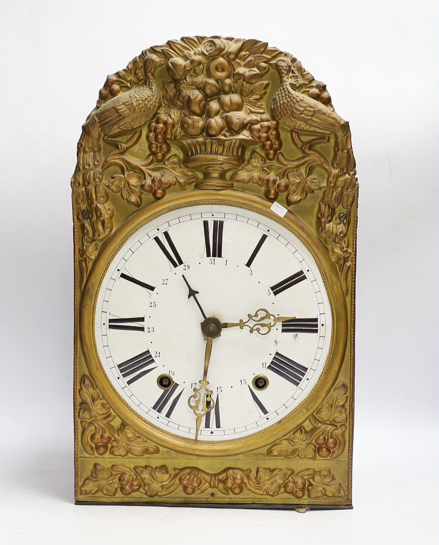 A 19th century French eight day longcase clock movement, with circular enamelled dial with weights, clock front 45cm high